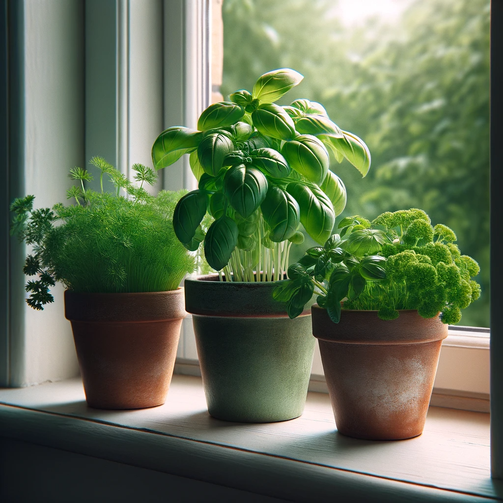 Basil, parsley, mint and chives growing indoor at a window with direct sunlight