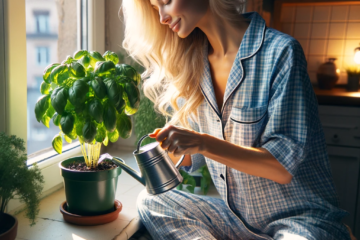 A blonde lady watering basil grown indoor apartment