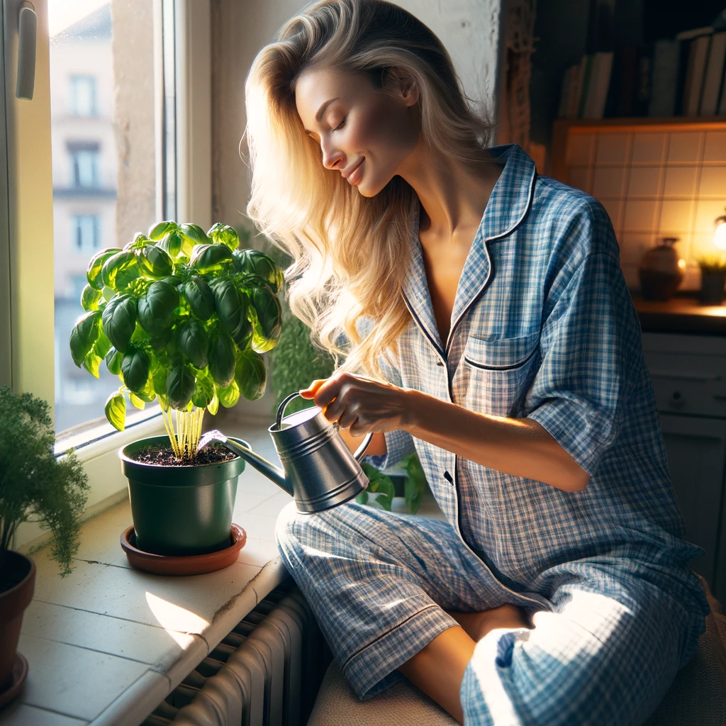 A blonde lady watering basil grown indoor apartment